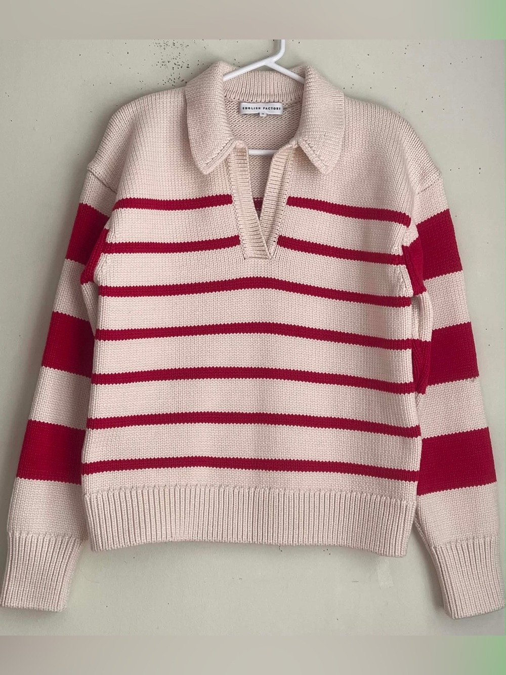 English Factory Cream and Red Striped Collared V-Neck Sweater